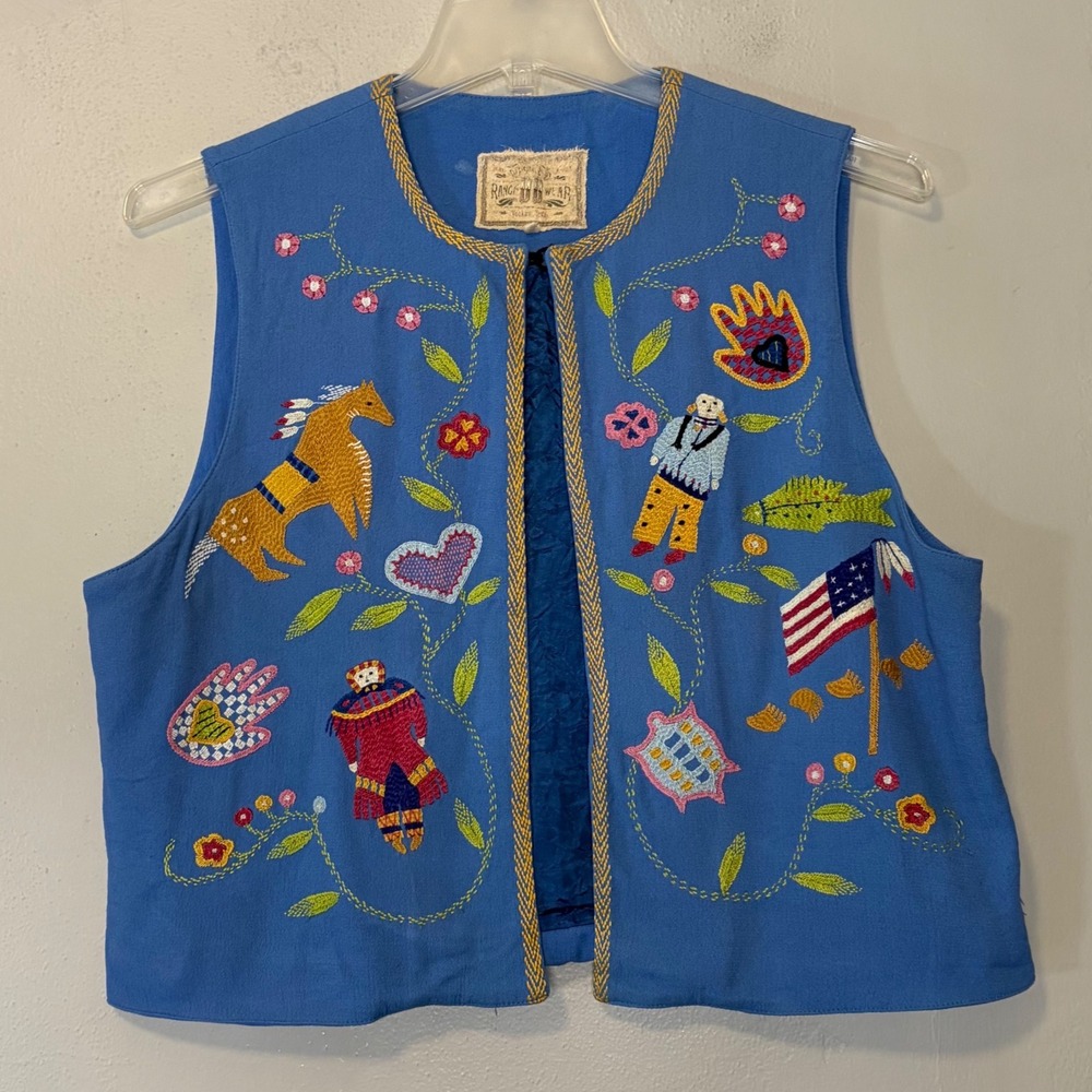 Vintage Ranch Wear Tally Ho Blue Embroidered Western Horse Folk Art Vest Women M